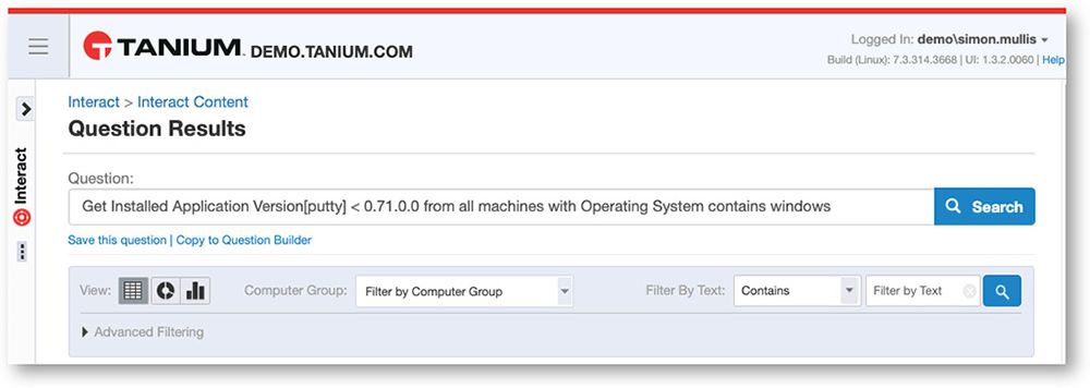 Tanium Interactの質問結果のスクリーンショットです。OSおよびテキスト検索でフィルタリングされた、インストール済みのアプリケーションのバージョンが表示されています。