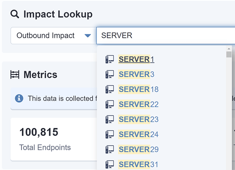 Impact Lookup interface showing server selection dropdown with SERVER1, SERVER3, SERVER18, SERVER22, SERVER23, SERVER24, SERVER29, SERVER31 options