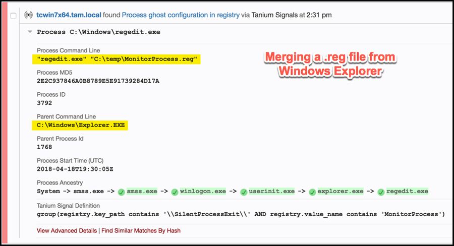 Windows エクスプローラーからのレジストリファイルのマージを示す Tanium Signals