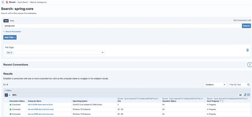 Screenshot of Tanium Reveal search for Spring Framework components
