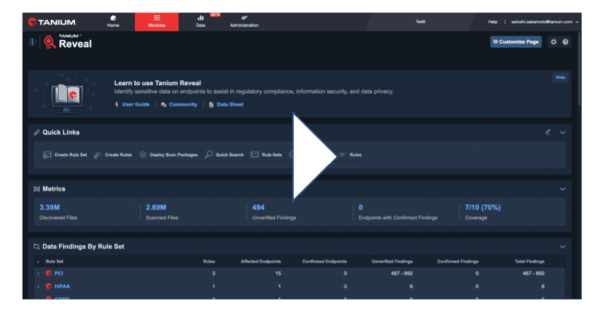 Screenshot of Tanium Reveal showing quick links, metrics, and vulnerability findings