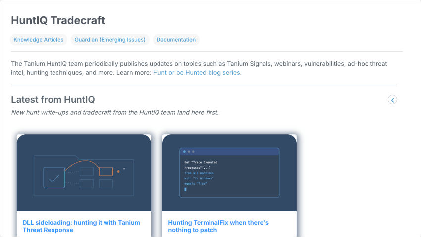 HuntIQ Tradecraftハブでは、DLLのサイドローディングやTerminalFixなど、HuntIQフィードに掲載された最新のハンティングレポートをご覧いただけます。