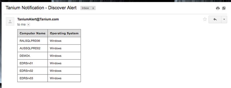 Tanium Discover Alert から送信された、Windows コンピュータのインベントリ情報を示すメール通知