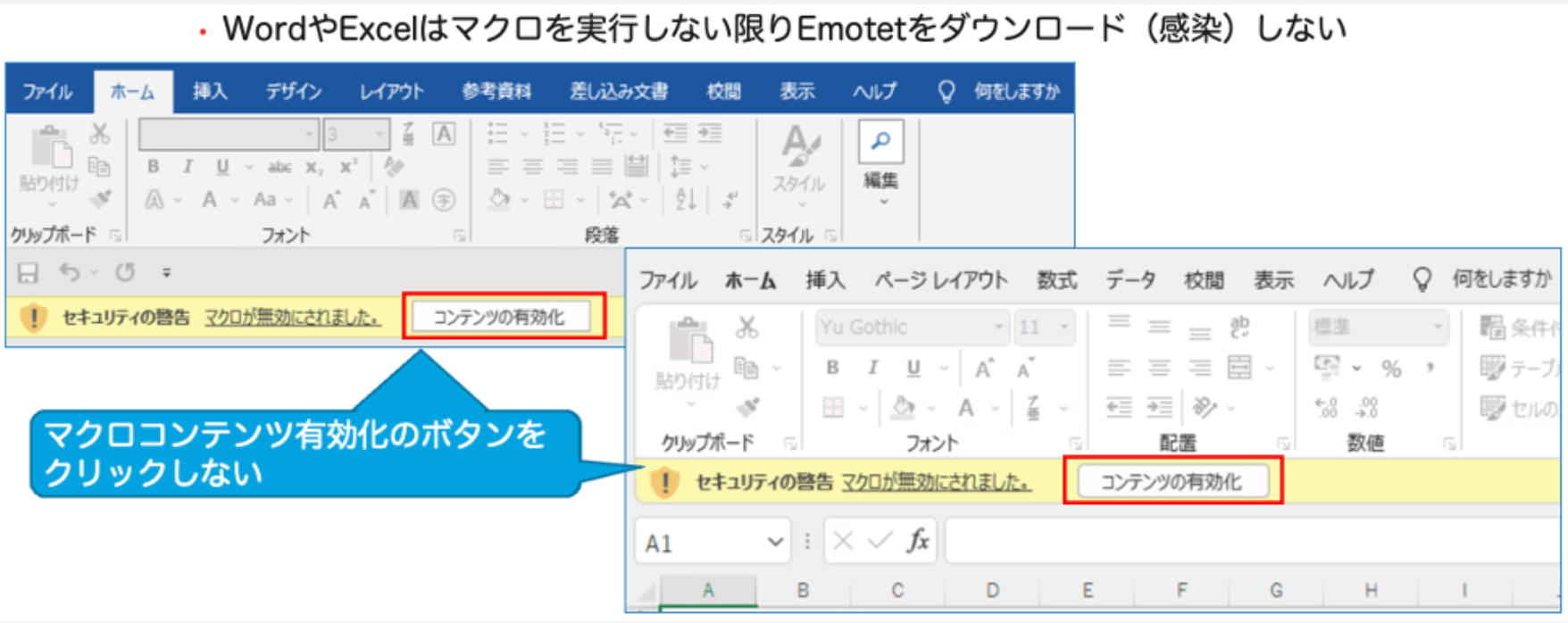 Screenshot of Excel interface with instructions for disabling Word macros to prevent malware
