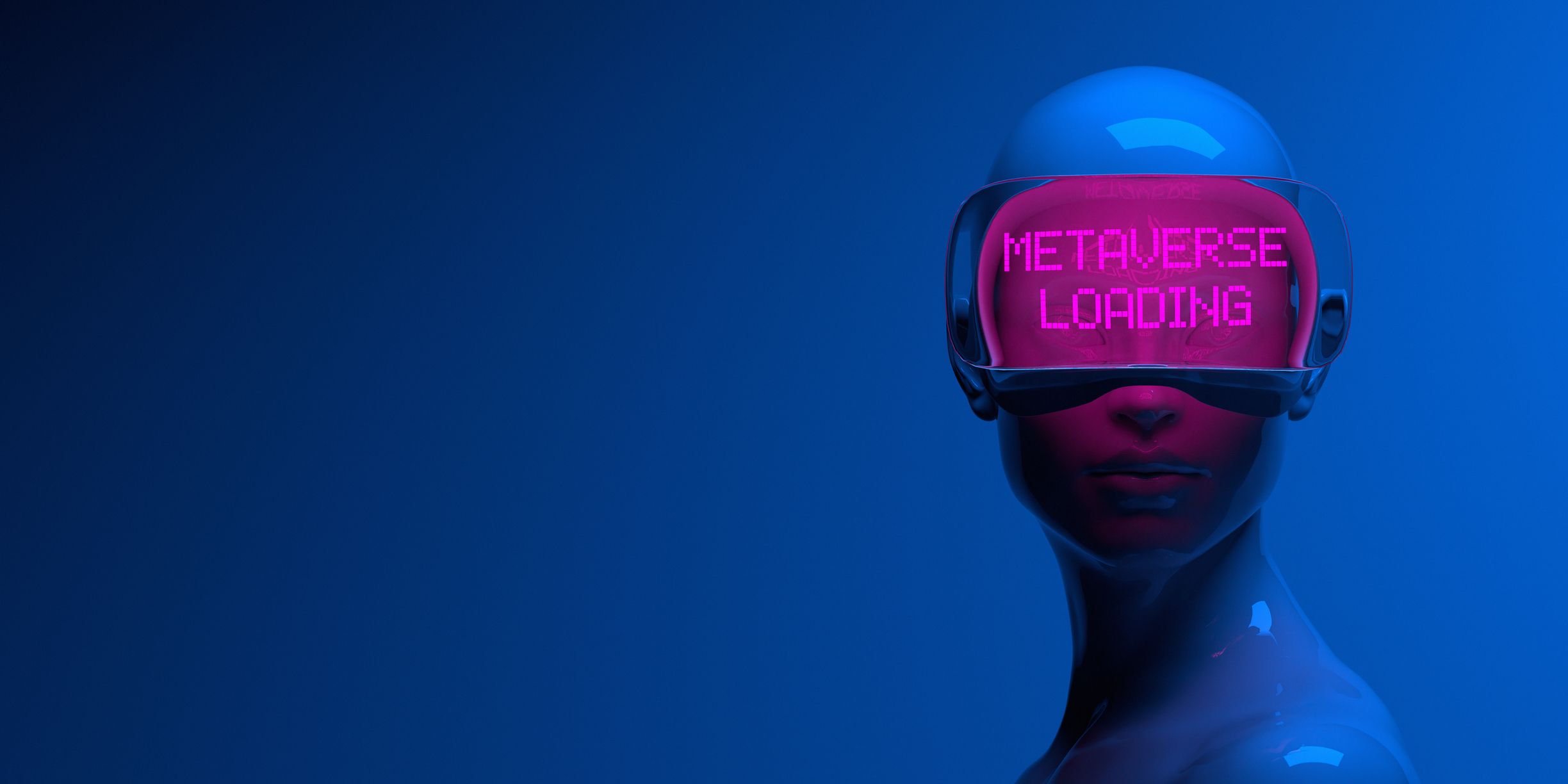 薄暗い青い背景を背にしたアバターの画像。ネオンピンクの文字で「Metaverse loading」と書かれたバーチャルリアリティヘッドセットを着用している。