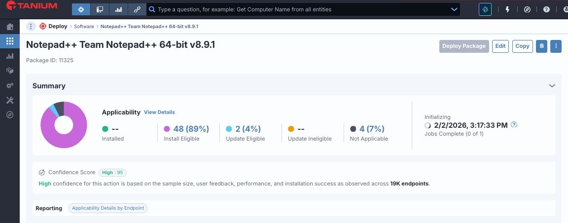 Taniumの「Deploy Gallery」のスクリーンショットです。ここには、Notepad++のアップグレードおよびアンインストールに関するコンテンツが含まれています。