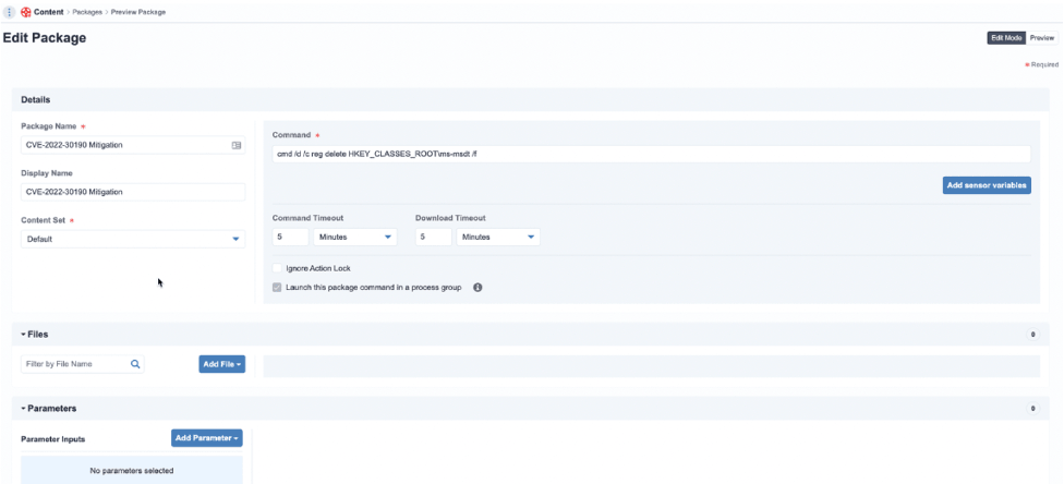 Screenshot of Tanium Console Edit Package interface
