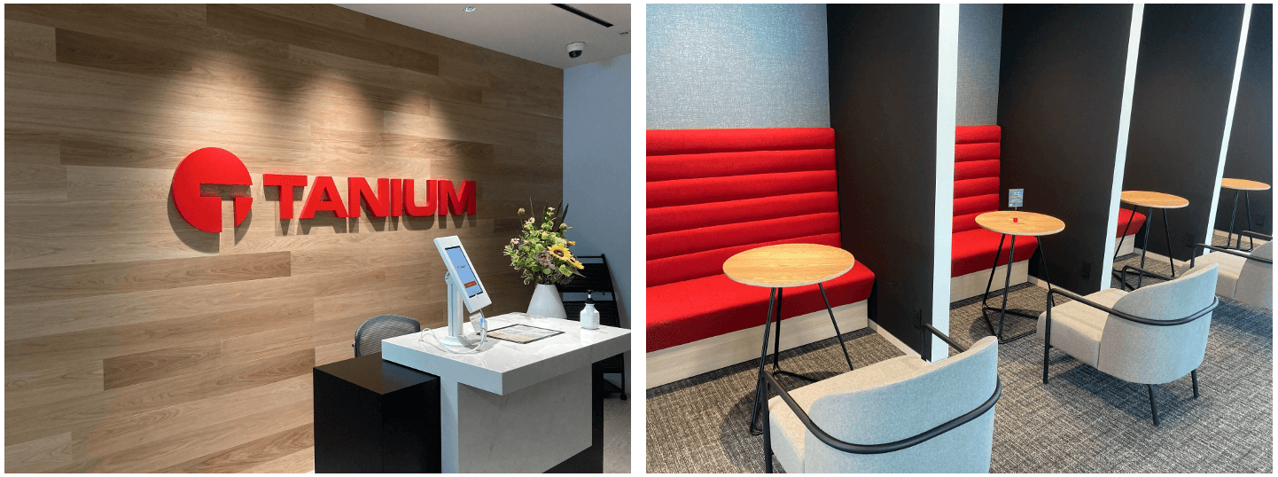 Tanium office interior showing logo on wall and collaborative workspace