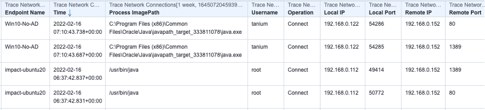 Trace Network ConnectionsセンサーによるLog4Shellエクスプロイト通信検索結果の例