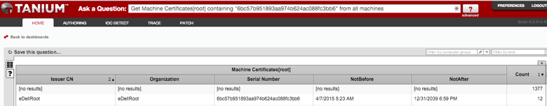 マシンの証明書の一覧とステータスを表示したTaniumインターフェースのスクリーンショット