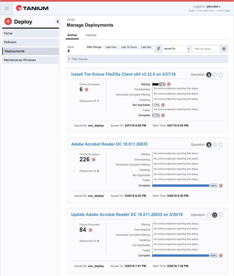 Tim Kostic FileZilla Client、Adobe Acrobat Reader、およびその他のソフトウェアのアクティブな展開が一覧表示された、Taniumの「展開の管理」ページのスクリーンショットです。