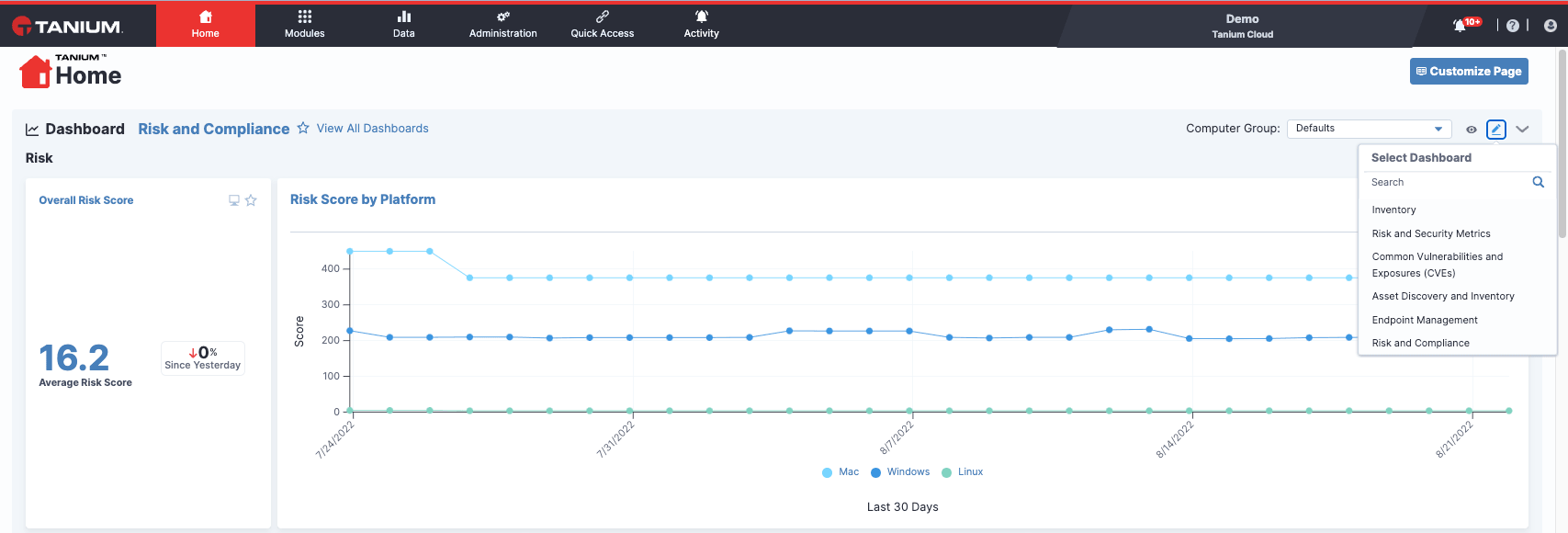 Tanium Consoleのホームページのスクリーンショット