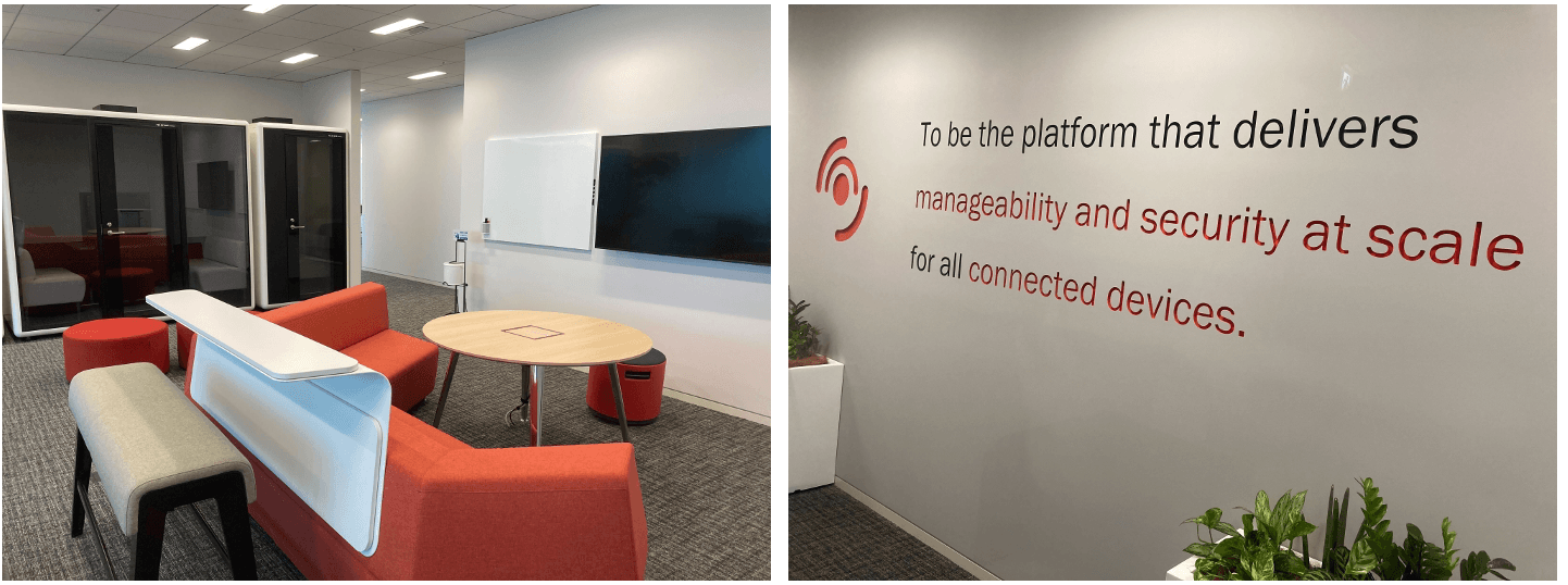 Tanium office spaces showing reception area and meeting room with branding