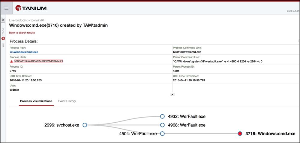 Windows コマンドの実行詳細を示す Tanium Ask の応答