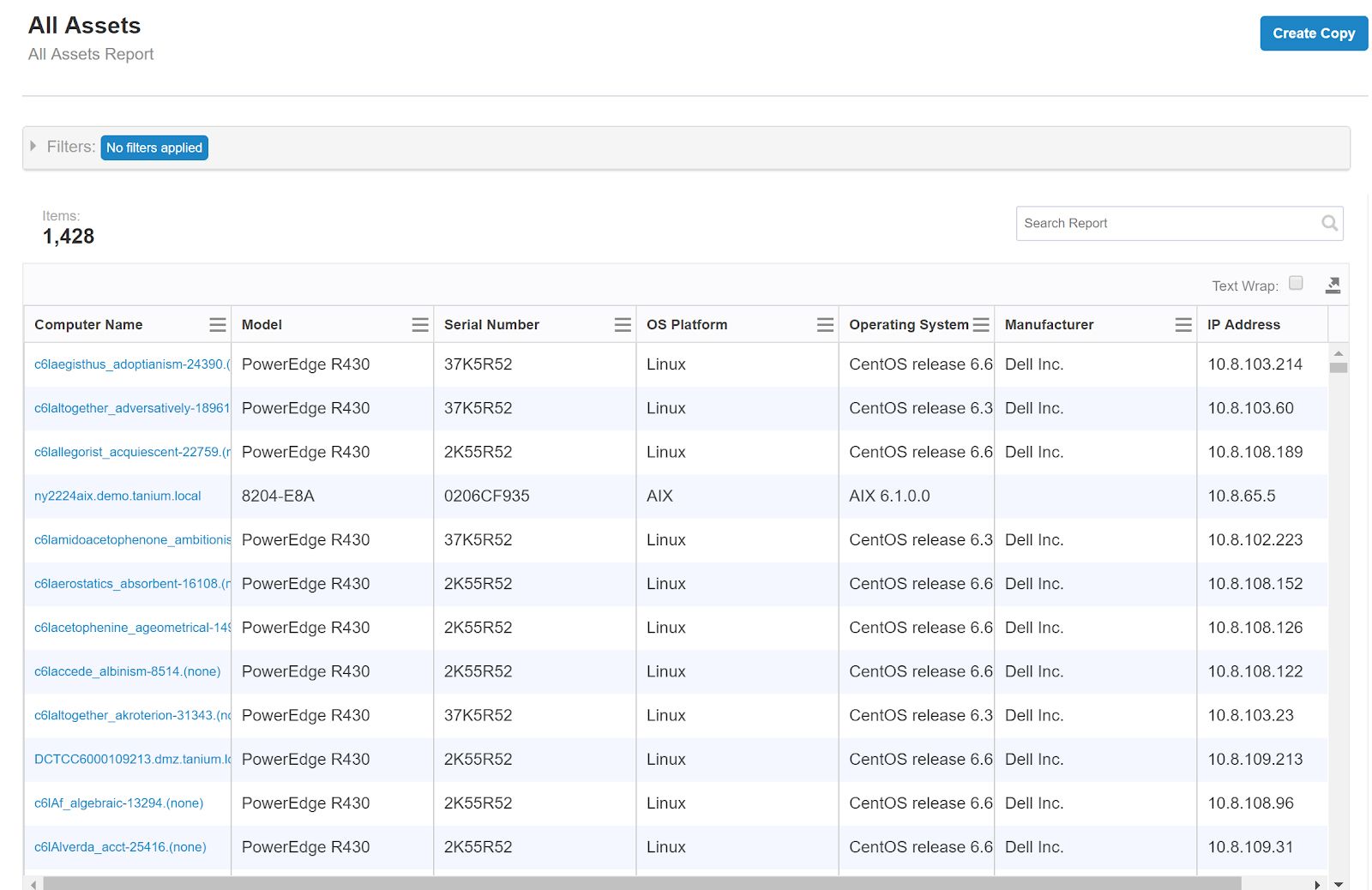 Taniumの「All Assets Report」のスクリーンショットで、コンピュータ名、モデル、シリアル番号、OSプラットフォーム、およびIPアドレスが表示されています