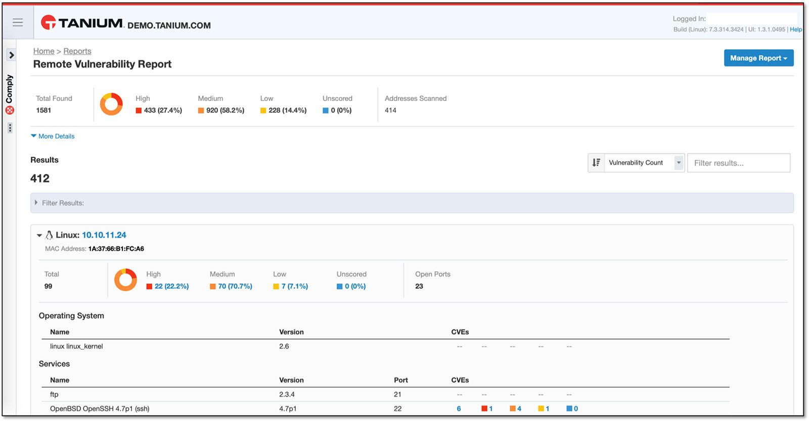 Tanium Complyのリモート脆弱性レポートのスクリーンショット