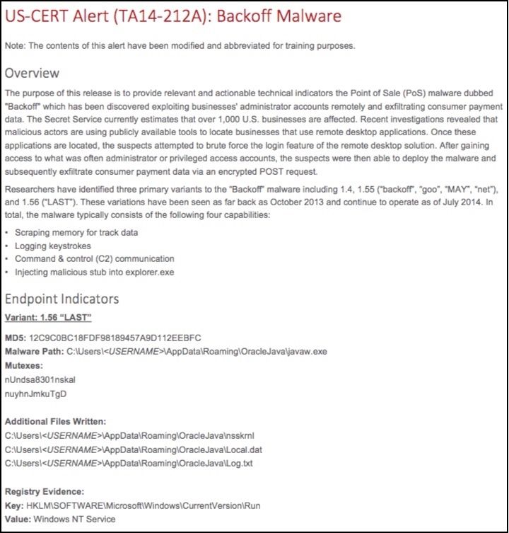 US-CERTの警告文書には、ハッシュ値「 MD5 」をはじめ、ファイルパス、レジストリキーなど、「Backoff」マルウェアの指標が記載されています。