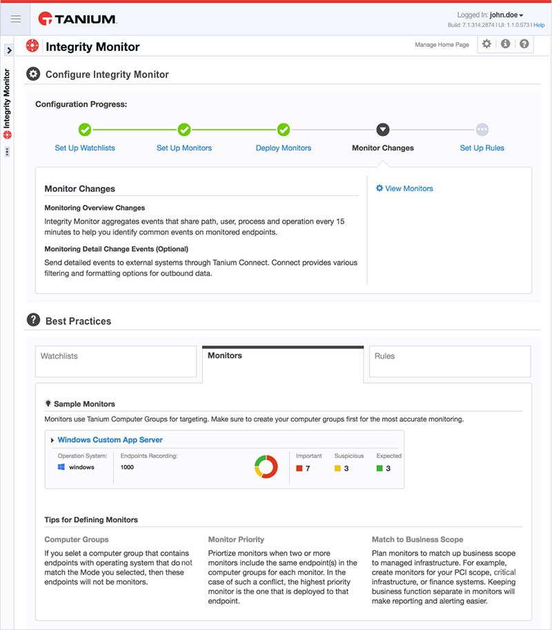 Tanium Integrity Monitor の設定進行状況ページのスクリーンショットで、ウォッチリストとモニターの設定手順が表示されています