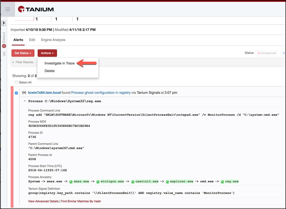 Tanium Signals で、プロセスのゴースト構成が検出されたことを示すアラートが表示されています
