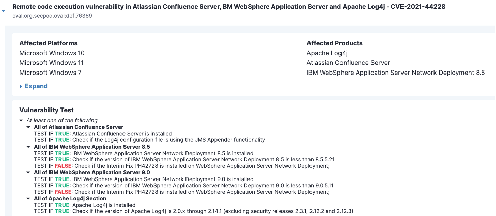 Documentation page showing remote code execution vulnerability CVE-2021-44228 details