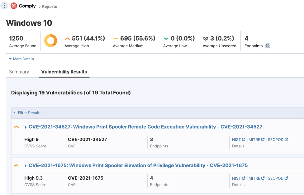 Screenshot of Tanium Comply showing Windows 10 vulnerability report