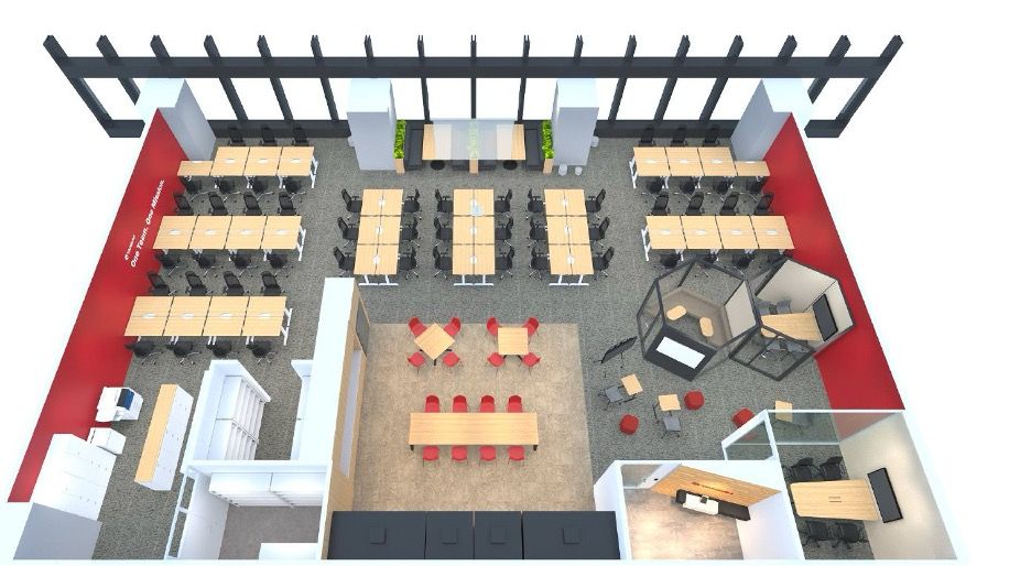 Architectural floor plan rendering of office space layout