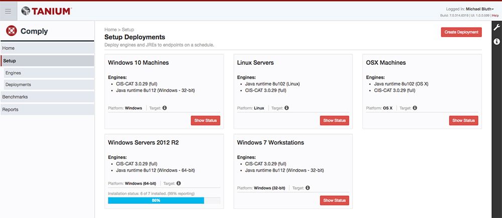 さまざまなオペレーティングシステムにわたる導入スケジュールを表示するTanium Complyのダッシュボード