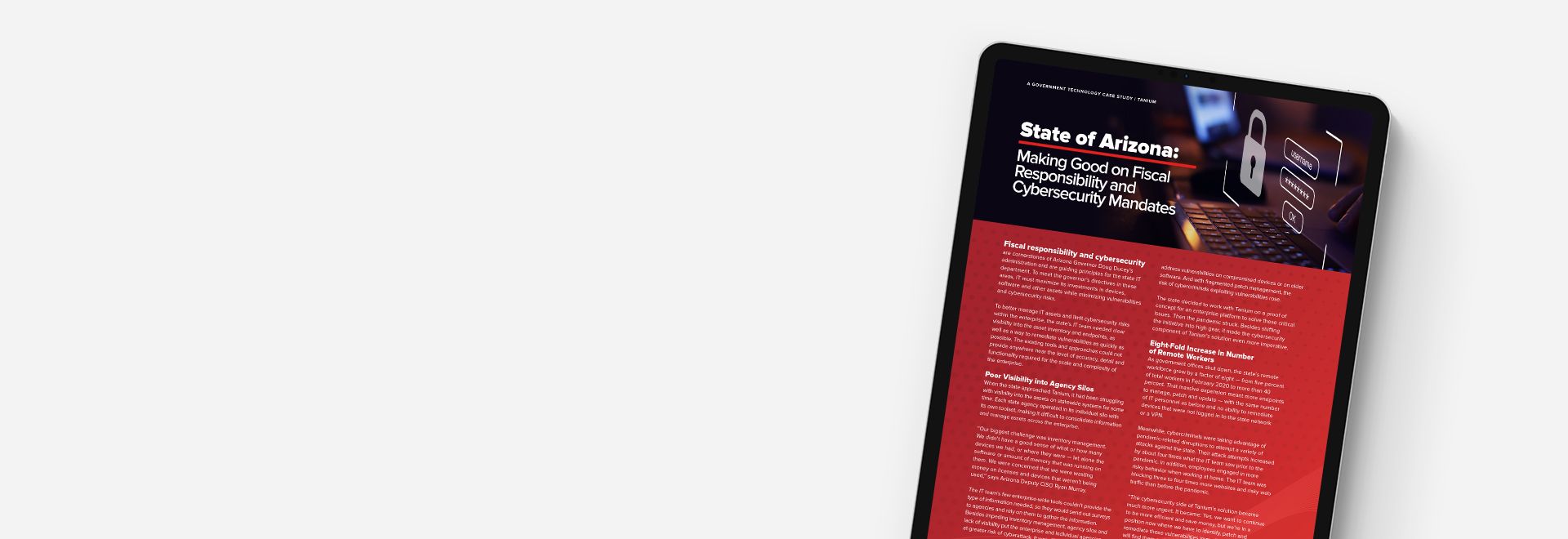 Tablet mockup of "State of Arizona: Making good on fiscal responsibility and cybersecurity mandates" case study