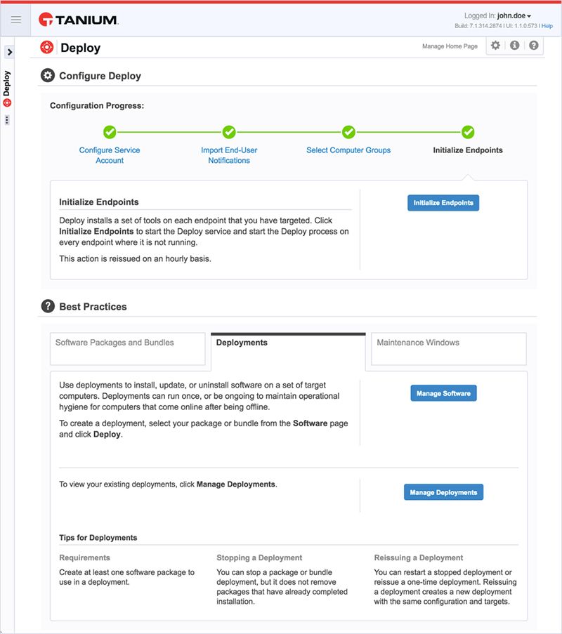 Tanium Deploy の設定進捗状況を示すスクリーンショットで、エンドポイントの初期化ステップと、ソフトウェア管理のベストプラクティスが表示されています