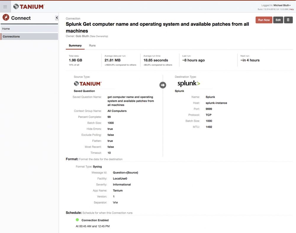 Tanium Connectの統合ダッシュボードで、Splunkとの接続状況とコンピュータインベントリのクエリ結果が表示されています