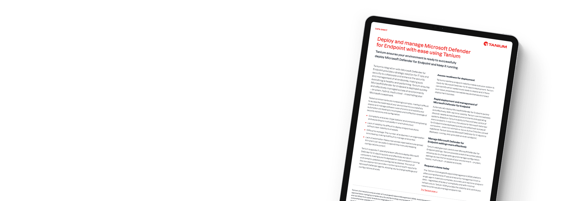 データシート「Tanium + Microsoft Defender for Endpoint」を表示したタブレット