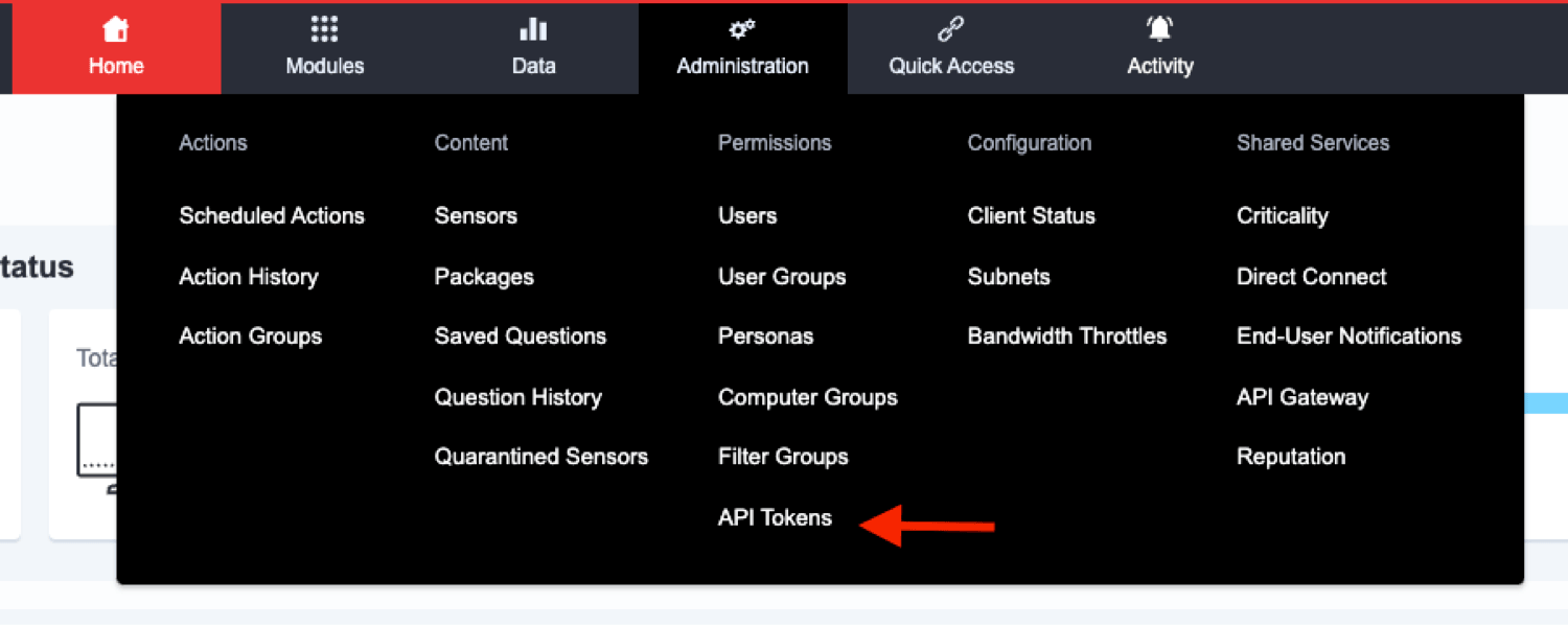スクリーンショット 1:Tanium コンソール内で API トークンを作成する場所を示しています