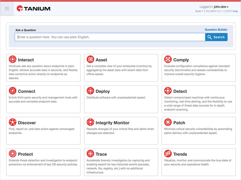 Taniumプラットフォームのホームページのスクリーンショットで、Interact、Asset、Comply、Connect、Deploy、Detect、Discover、Integrity Monitor、Patch、P…などのアクション項目が表示されています。
