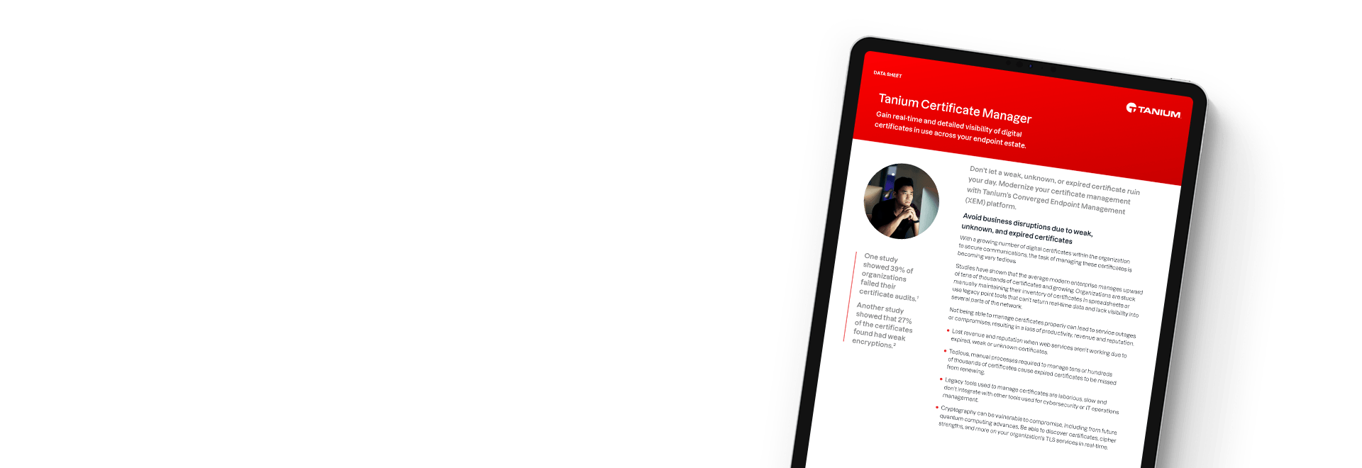 Tanium Certificate Manager データシートを縦向きで表示しているタブレット