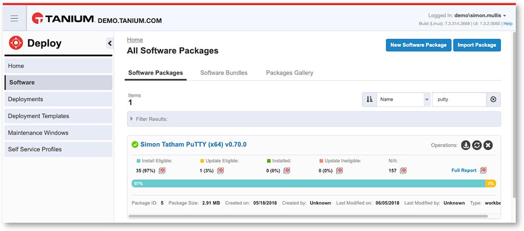 Taniumの「すべてのソフトウェアパッケージを展開」画面のスクリーンショットで、Simon TathamのPuTTYソフトウェアパッケージと展開状況が表示されています。