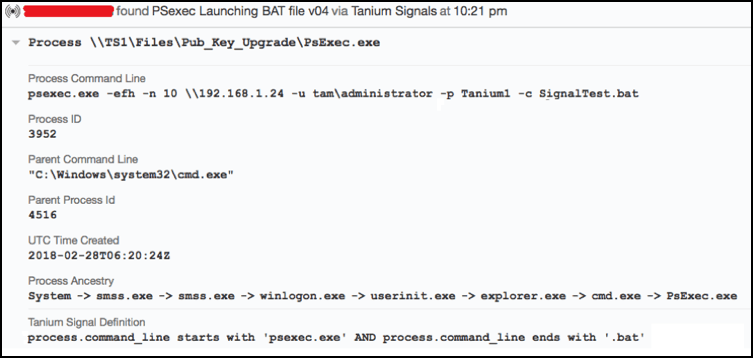 PsExec が BAT ファイルを起動していることを示すイベントログの検出画面のスクリーンショット(プロセス間の関係に関する詳細を含む)