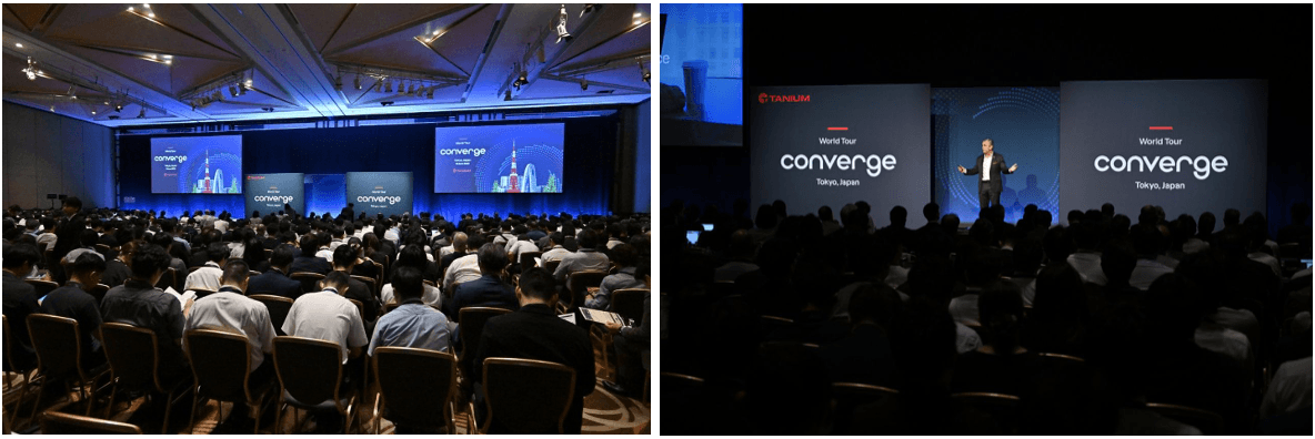 Two photos of Converge Tokyo conference - audience and stage presentation