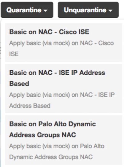 「隔離」、「隔離解除」、および「Palo Alto ダイナミックアドレスグループ」を含む、NAC ネットワークアクセス制御オプションのスクリーンショット