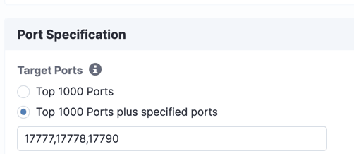Port specification form for attack detection showing top 1000 ports option with specific port numbers 17777, 17778, 17790