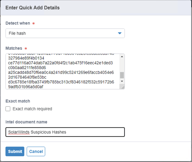 Form for threat intelligence detection showing enter quick add details with file hash detection and list of suspicious SolarWinds hashes