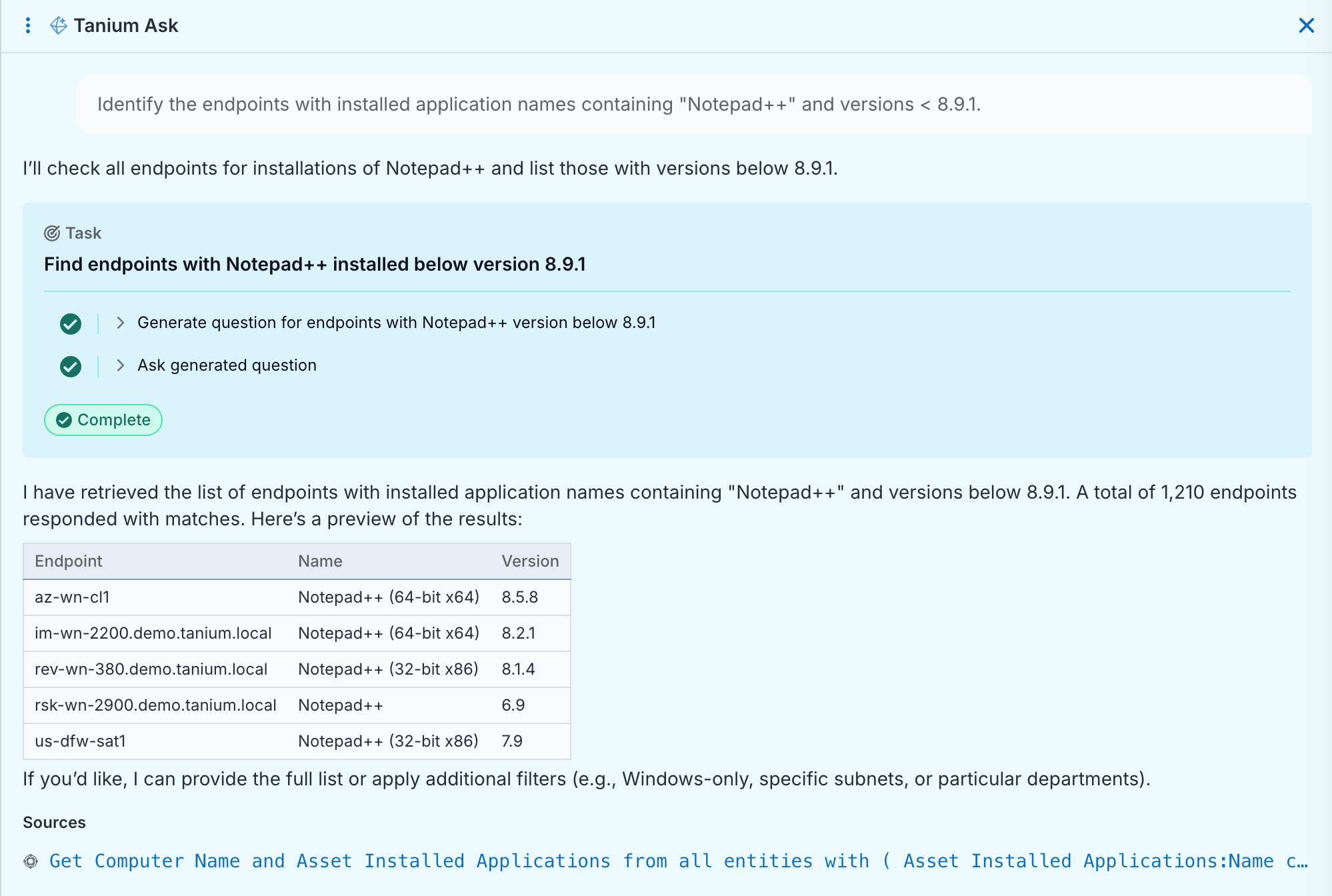 Notepad++ がインストールされているエンドポイントを表示した Tanium Ask のスクリーンショット