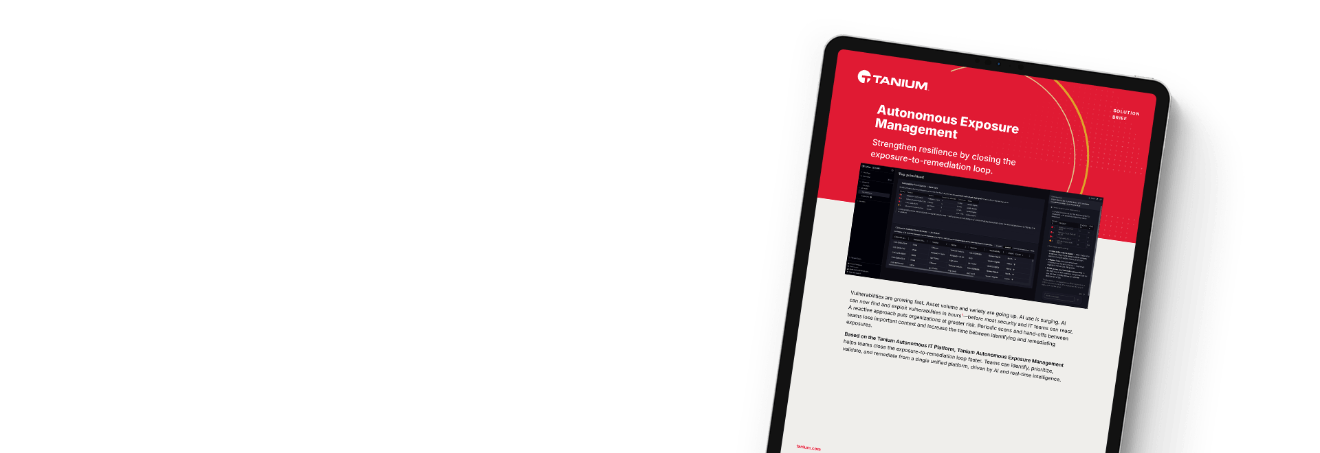 赤いブランディングを施した「自律的エクスポージャー管理」ソリューション概要のタブレットモックアップ