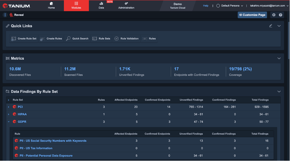 Screenshot of Tanium Reveal dashboard with quick links and metrics