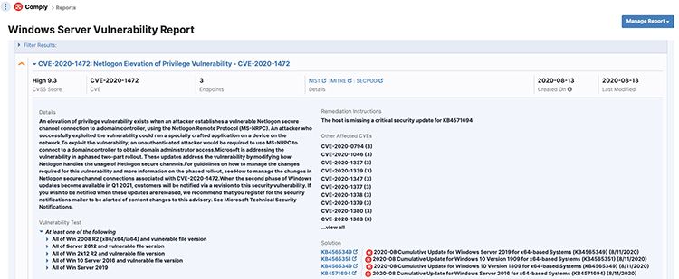 Screenshot of Windows Server vulnerability report for CVE-2020-1472 Zerologon