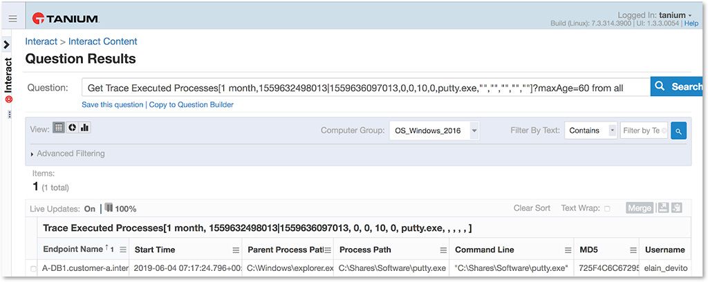 Taniumのクエリ結果のスクリーンショットで、実行されたプロセスのトレース、開始時刻、親プロセスのパス、およびユーザー名情報が表示されています。