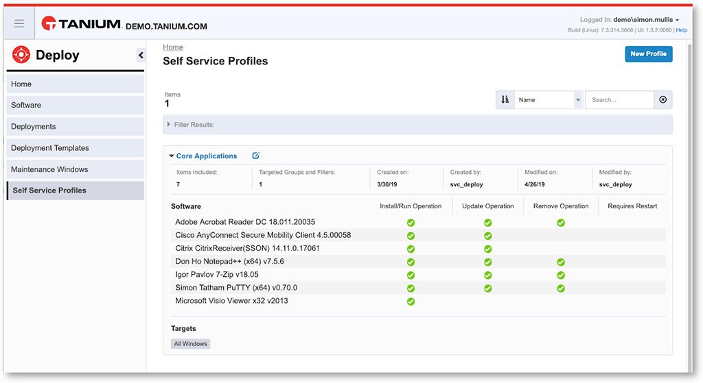 Tanium Deployのセルフサービスプロファイルのスクリーンショットで、主要なアプリケーションとソフトウェア配布のための展開操作が表示されています