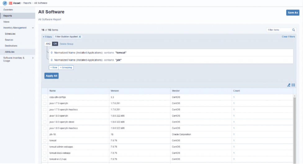 Screenshot of Tanium Asset all software inventory report