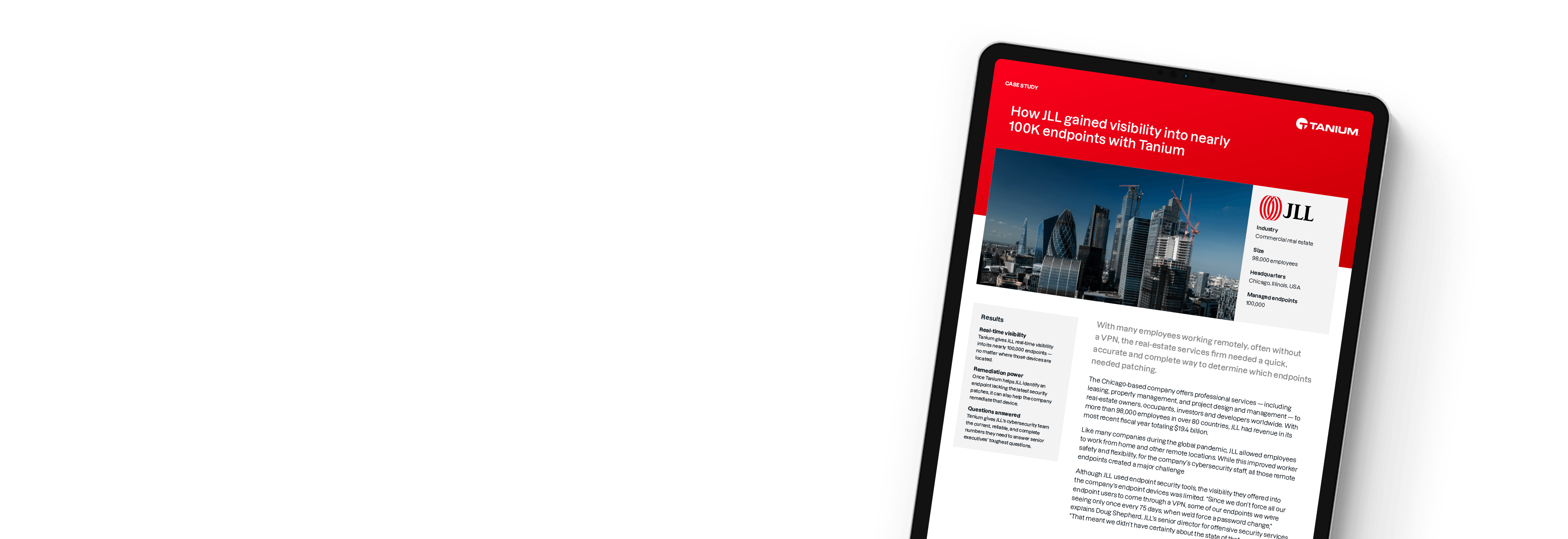 「JLLがTaniumで約10万のエンドポイントを可視化した方法」のケーススタディを表示するタブレット