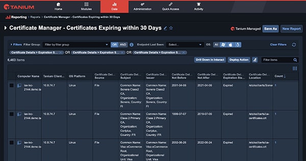 Screenshot showing all certificates expiring in the next 30 days.