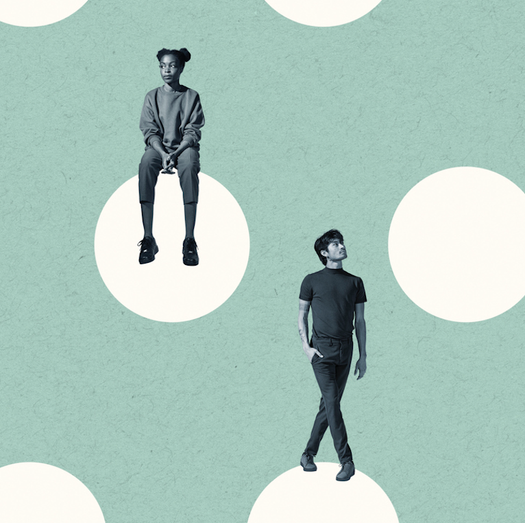 An image of multi-ethnic men and women perched on white circles against a seafoam green background.